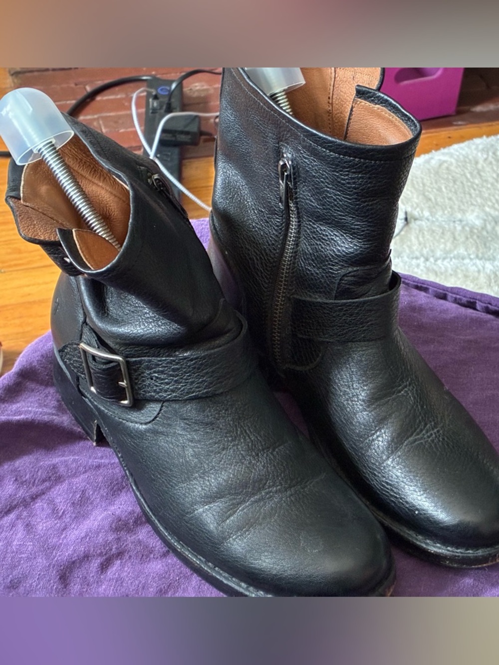 Frye Black Leather Combat Moto Boots
